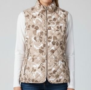 Eddie Bauer Tan Cream Camo Floral Quilted Goose Down Vest - XS